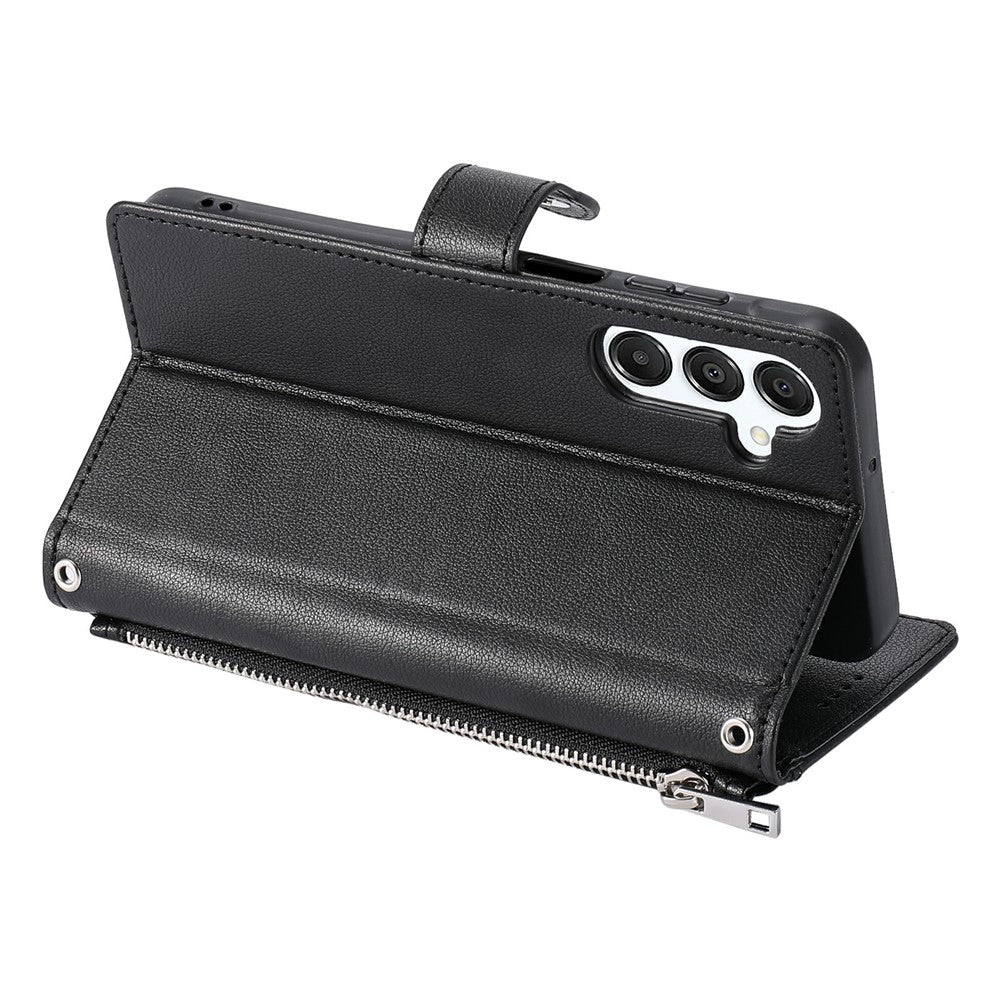 Wallet Case for Samsung Galaxy S26+ Litchi Texture Zipper Pocket Stand Leather Flip Phone Cover with Wrist Strap