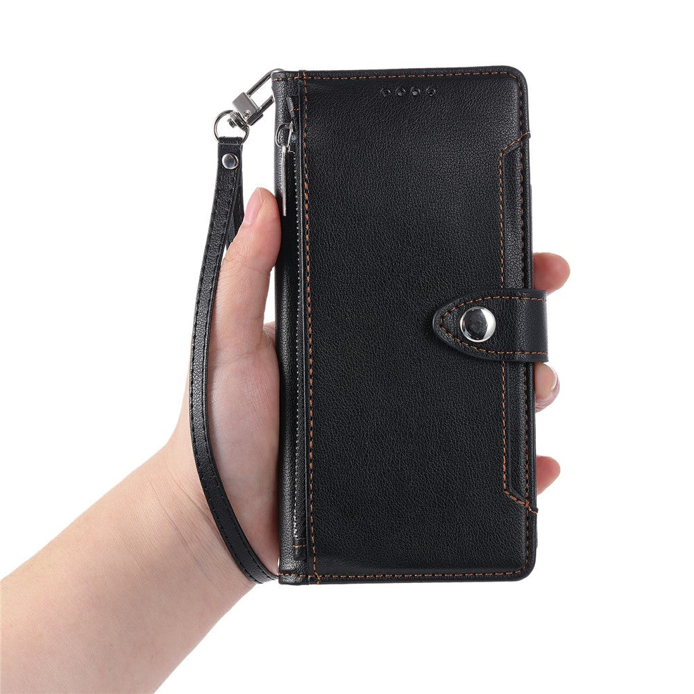 Wallet Case for Samsung Galaxy S26+ Litchi Texture Zipper Pocket Stand Leather Flip Phone Cover with Wrist Strap