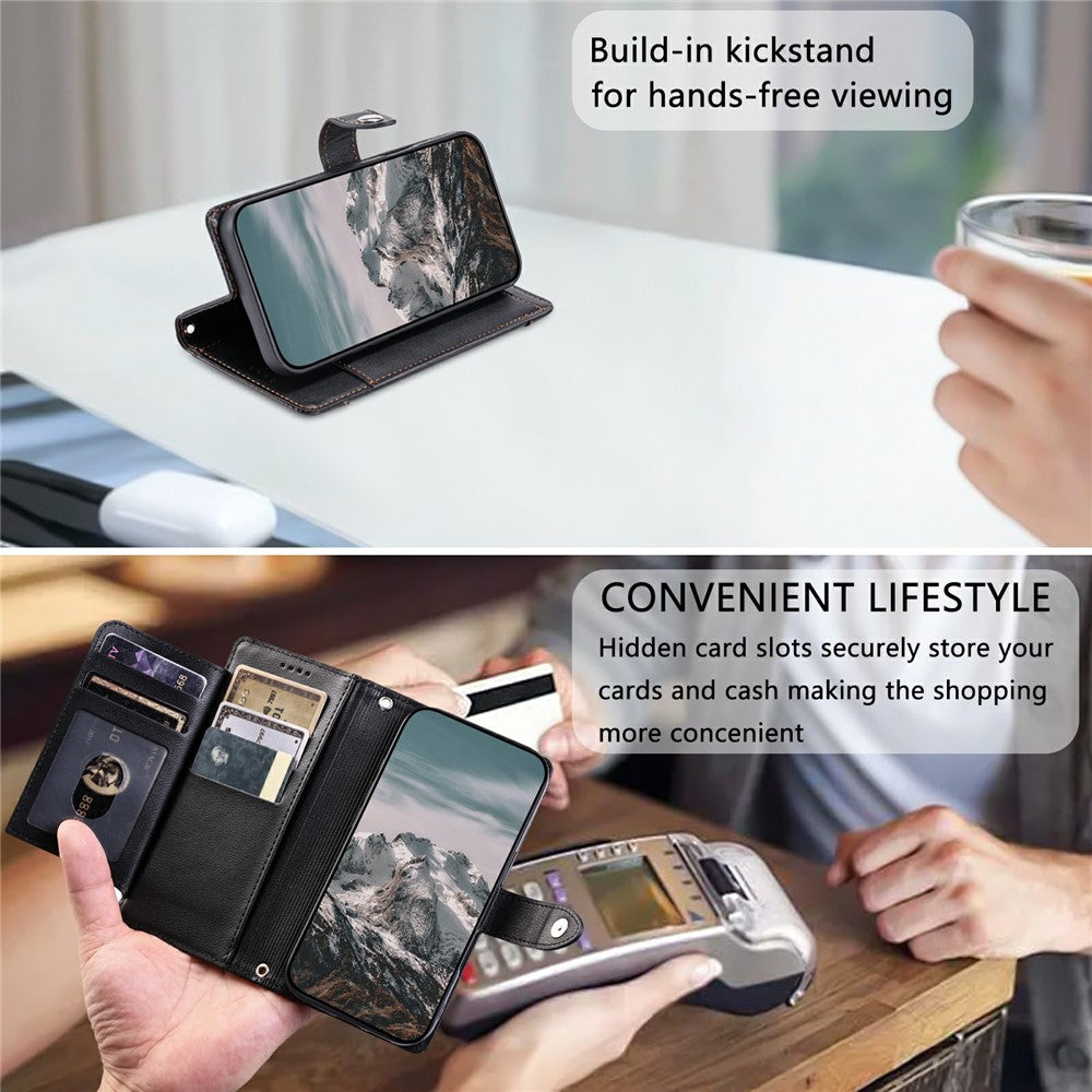 Wallet Case for Samsung Galaxy S26+ Litchi Texture Zipper Pocket Stand Leather Flip Phone Cover with Wrist Strap