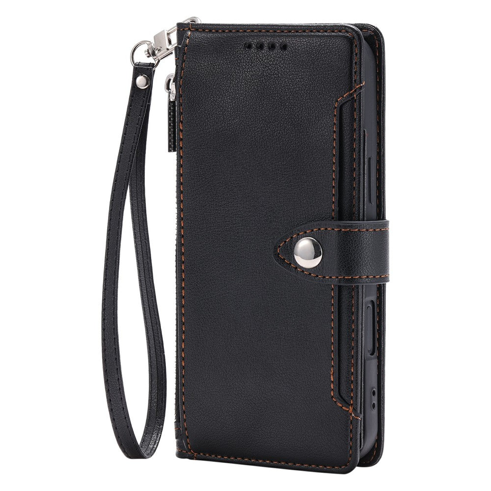 Wallet Case for Samsung Galaxy S26+ Litchi Texture Zipper Pocket Stand Leather Flip Phone Cover with Wrist Strap