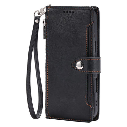 Wallet Case for Samsung Galaxy S26+ Litchi Texture Zipper Pocket Stand Leather Flip Phone Cover with Wrist Strap