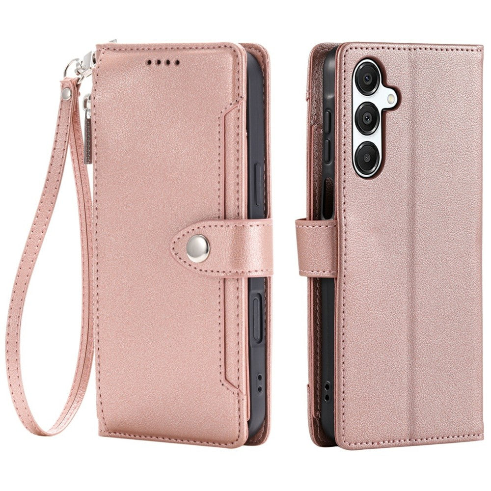 Wallet Case for Samsung Galaxy S26+ Litchi Texture Zipper Pocket Stand Leather Flip Phone Cover with Wrist Strap
