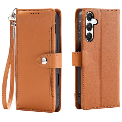 Wallet Case for Samsung Galaxy S26+ Litchi Texture Zipper Pocket Stand Leather Flip Phone Cover with Wrist Strap