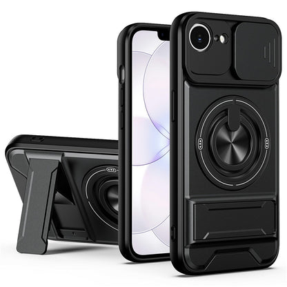 For iPhone 17e / 16e Magnetic Case Ring Holder Foldable Kickstand TPU PC Phone Cover with Camera Lens Slider