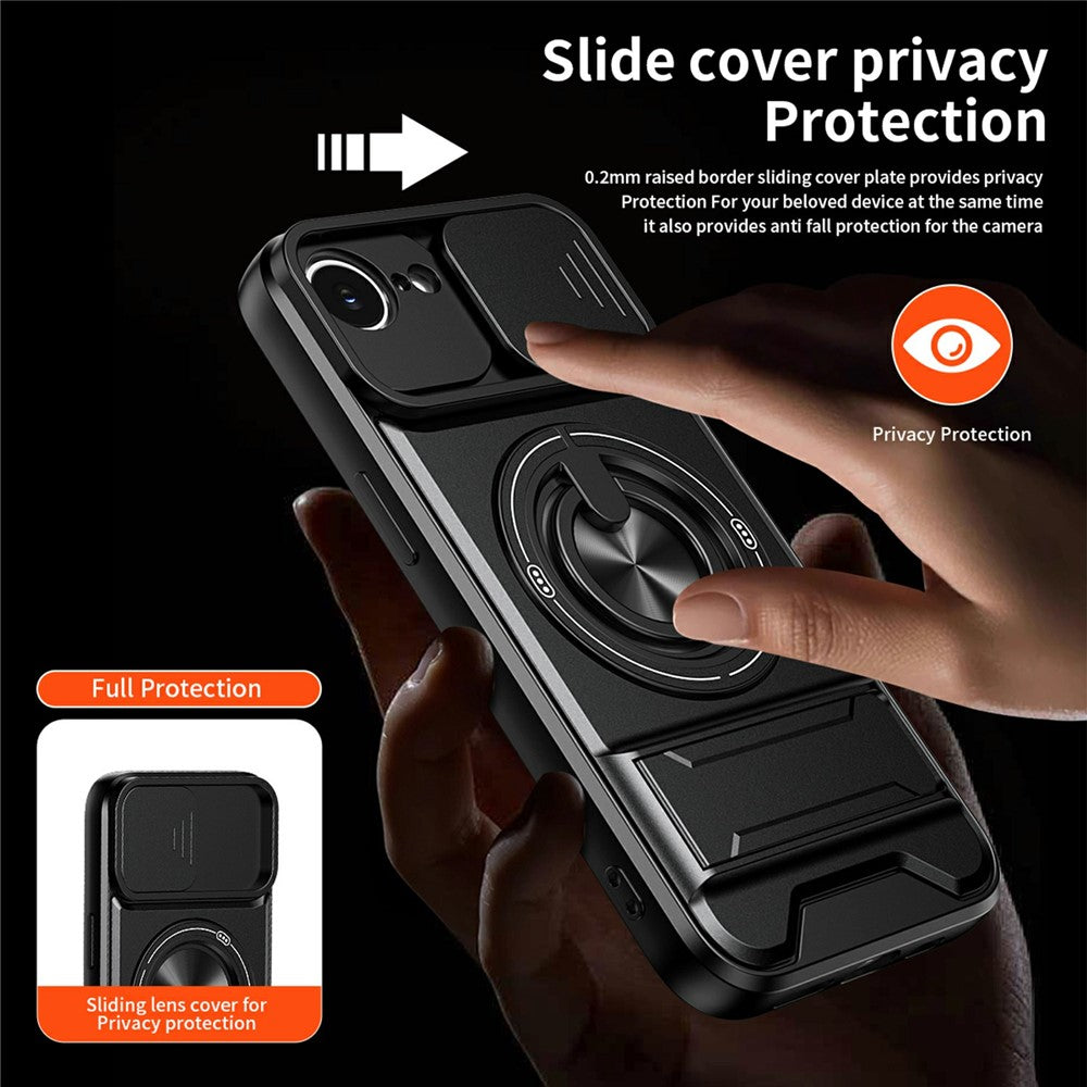 For iPhone 17e / 16e Magnetic Case Ring Holder Foldable Kickstand TPU PC Phone Cover with Camera Lens Slider
