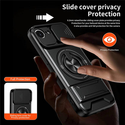 For iPhone 17e / 16e Magnetic Case Ring Holder Foldable Kickstand TPU PC Phone Cover with Camera Lens Slider