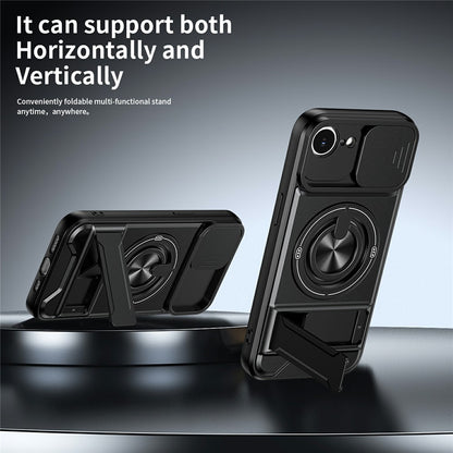 For iPhone 17e / 16e Magnetic Case Ring Holder Foldable Kickstand TPU PC Phone Cover with Camera Lens Slider