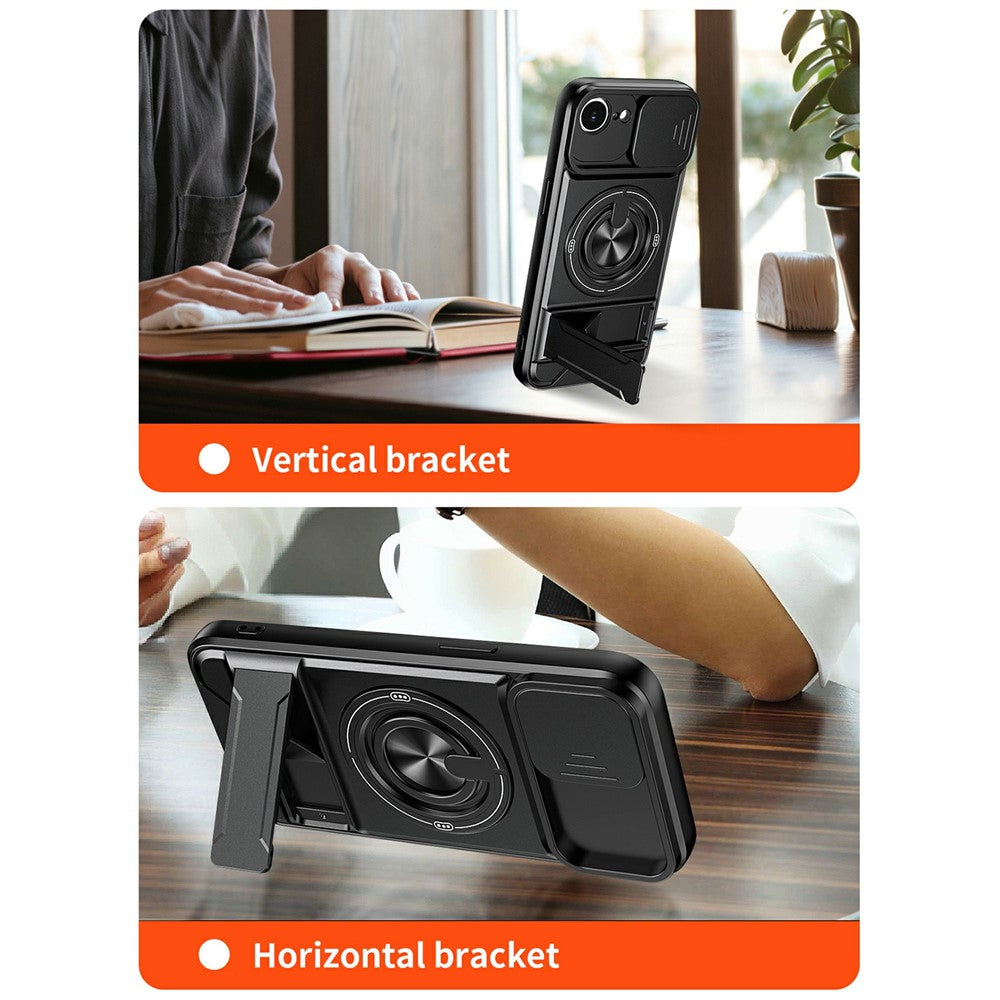 For iPhone 17e / 16e Magnetic Case Ring Holder Foldable Kickstand TPU PC Phone Cover with Camera Lens Slider