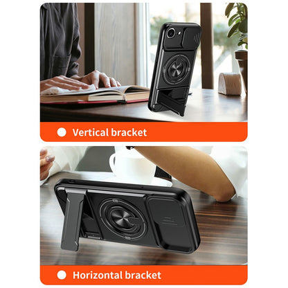For iPhone 17e / 16e Magnetic Case Ring Holder Foldable Kickstand TPU PC Phone Cover with Camera Lens Slider