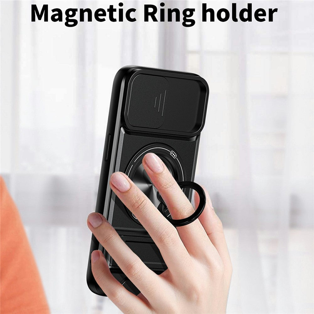 For iPhone 17e / 16e Magnetic Case Ring Holder Foldable Kickstand TPU PC Phone Cover with Camera Lens Slider