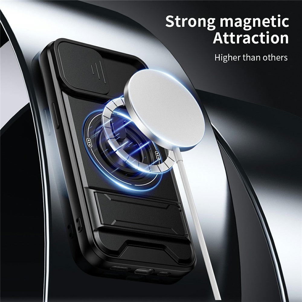 For iPhone 17e / 16e Magnetic Case Ring Holder Foldable Kickstand TPU PC Phone Cover with Camera Lens Slider
