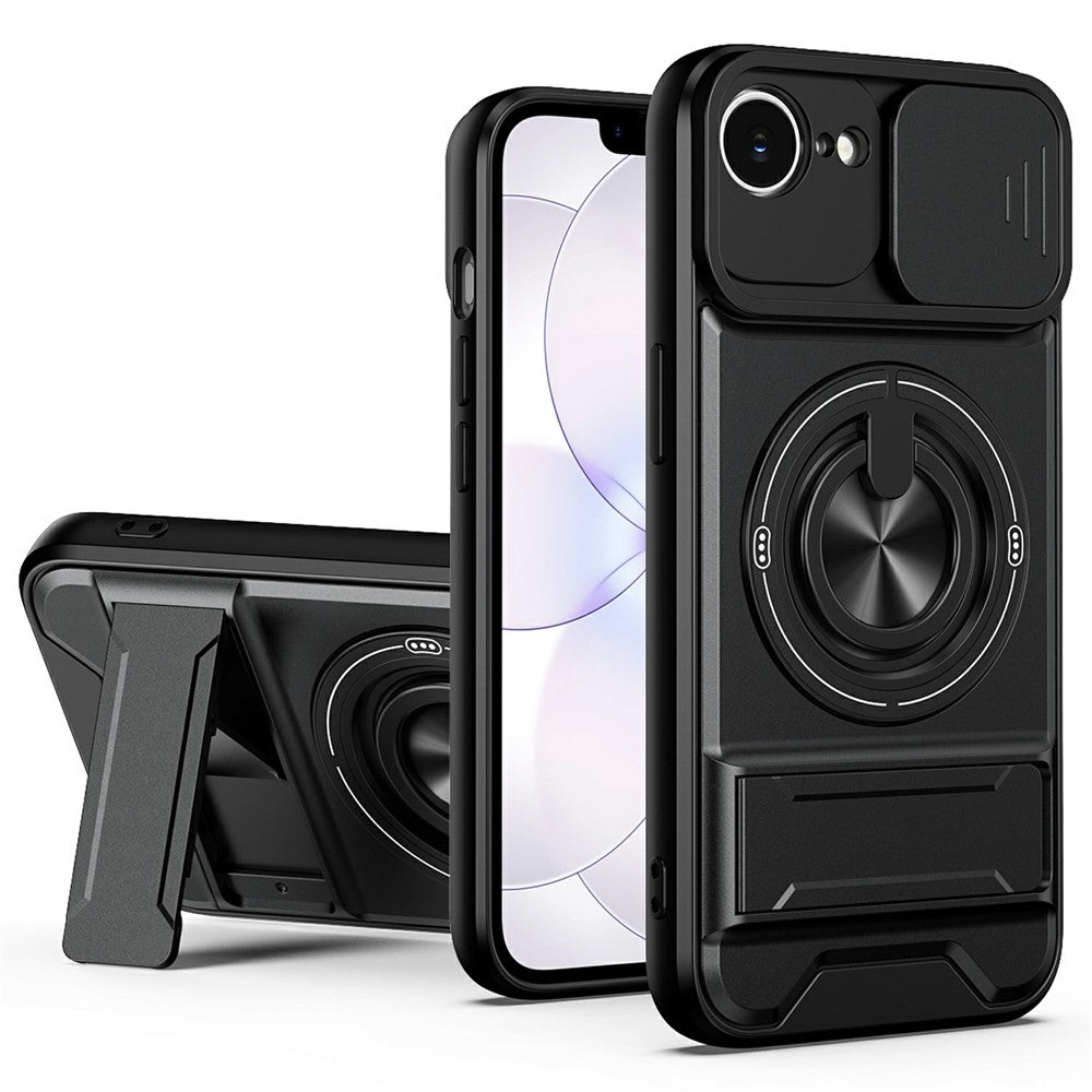 For iPhone 17e / 16e Magnetic Case Ring Holder Foldable Kickstand TPU PC Phone Cover with Camera Lens Slider