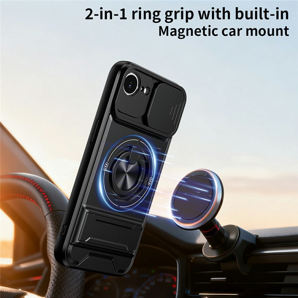 For iPhone 17e / 16e Magnetic Case Ring Holder Foldable Kickstand TPU PC Phone Cover with Camera Lens Slider