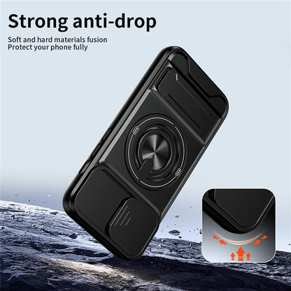 For iPhone 17e / 16e Magnetic Case Ring Holder Foldable Kickstand TPU PC Phone Cover with Camera Lens Slider