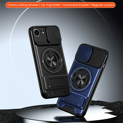 For iPhone 17e / 16e Magnetic Case Ring Holder Foldable Kickstand TPU PC Phone Cover with Camera Lens Slider