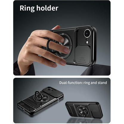 For iPhone 17e / 16e Magnetic Case Ring Holder Foldable Kickstand TPU PC Phone Cover with Camera Lens Slider