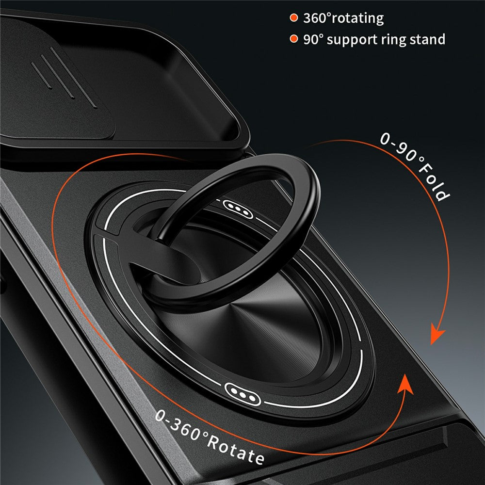 For iPhone 17e / 16e Magnetic Case Ring Holder Foldable Kickstand TPU PC Phone Cover with Camera Lens Slider