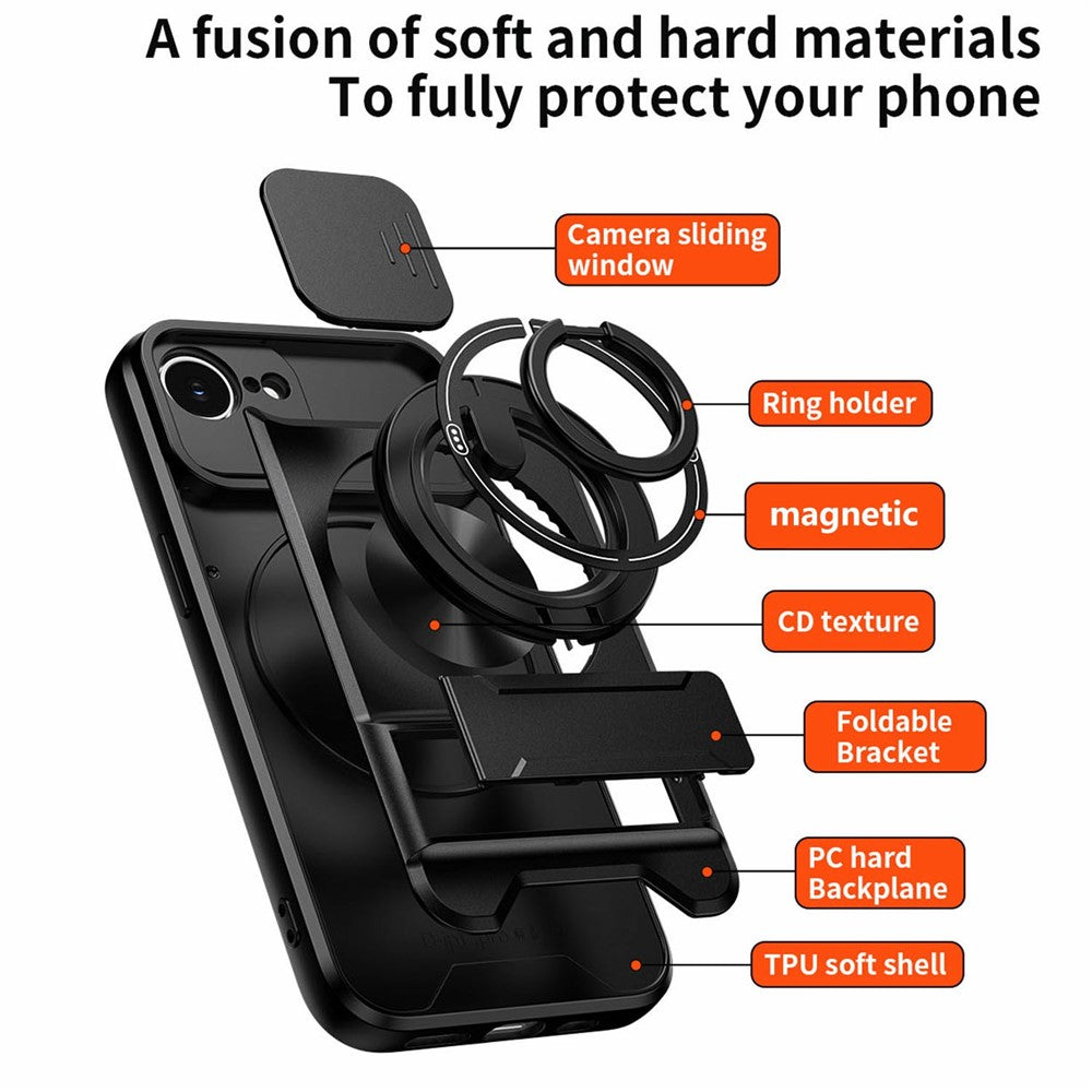 For iPhone 17e / 16e Magnetic Case Ring Holder Foldable Kickstand TPU PC Phone Cover with Camera Lens Slider