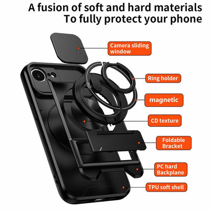 For iPhone 17e / 16e Magnetic Case Ring Holder Foldable Kickstand TPU PC Phone Cover with Camera Lens Slider