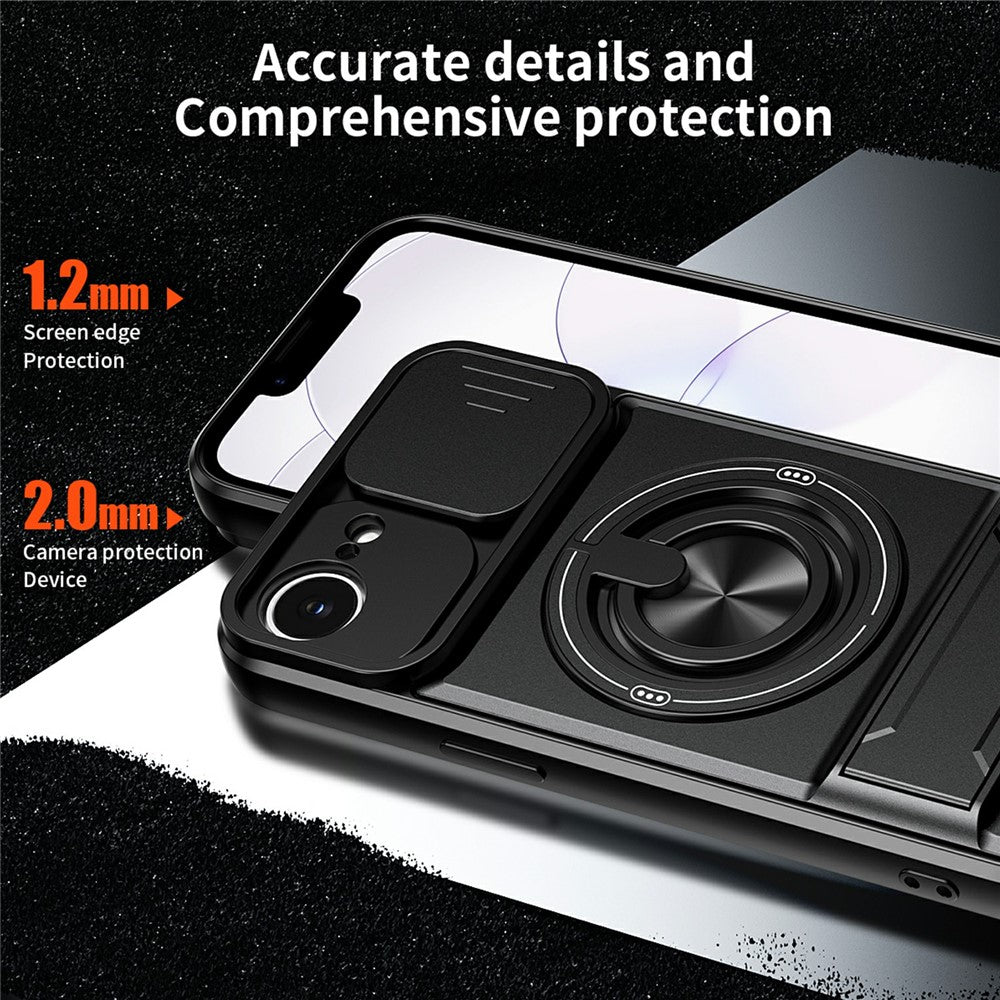 For iPhone 17e / 16e Magnetic Case Ring Holder Foldable Kickstand TPU PC Phone Cover with Camera Lens Slider