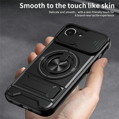 For iPhone 17e / 16e Magnetic Case Ring Holder Foldable Kickstand TPU PC Phone Cover with Camera Lens Slider