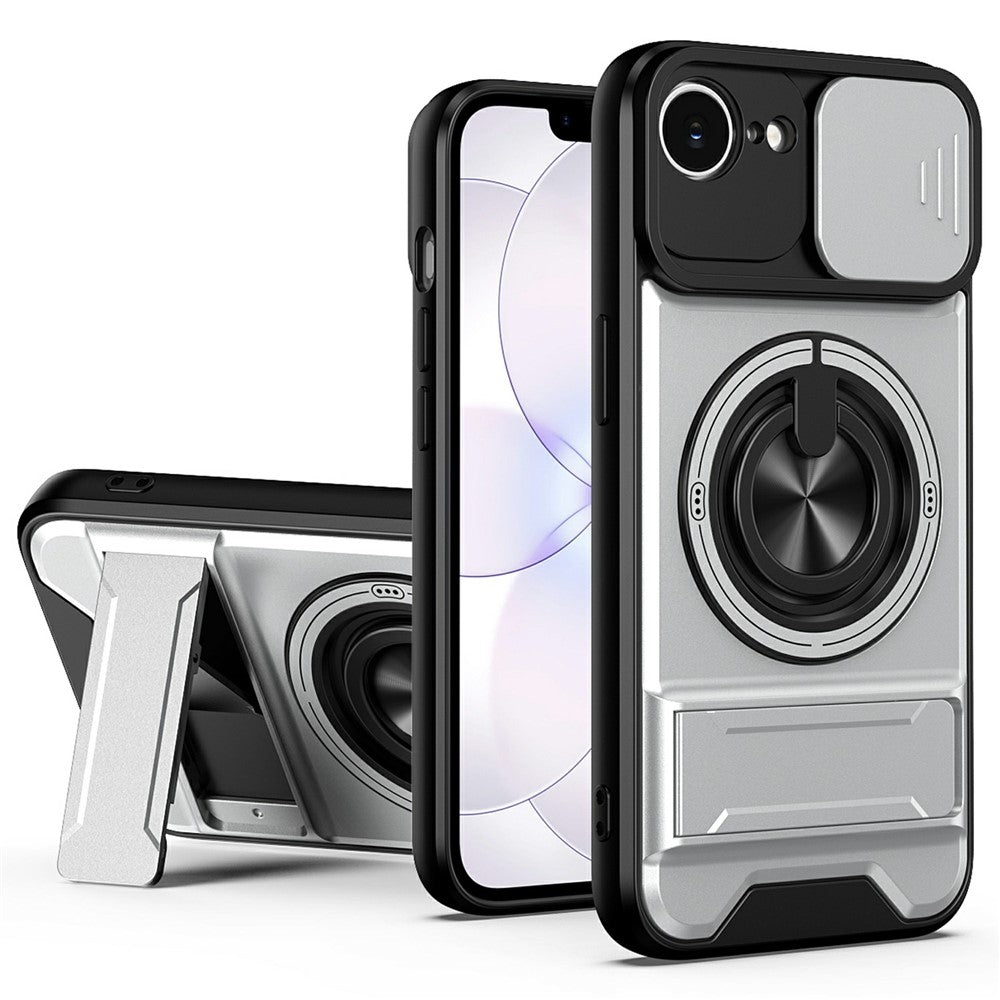 For iPhone 17e / 16e Magnetic Case Ring Holder Foldable Kickstand TPU PC Phone Cover with Camera Lens Slider