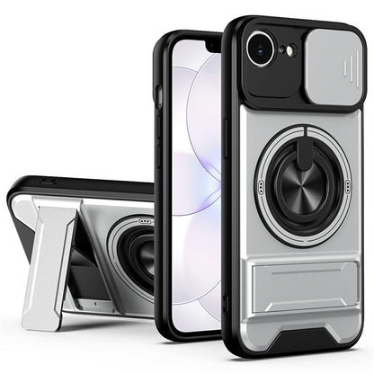 For iPhone 17e / 16e Magnetic Case Ring Holder Foldable Kickstand TPU PC Phone Cover with Camera Lens Slider