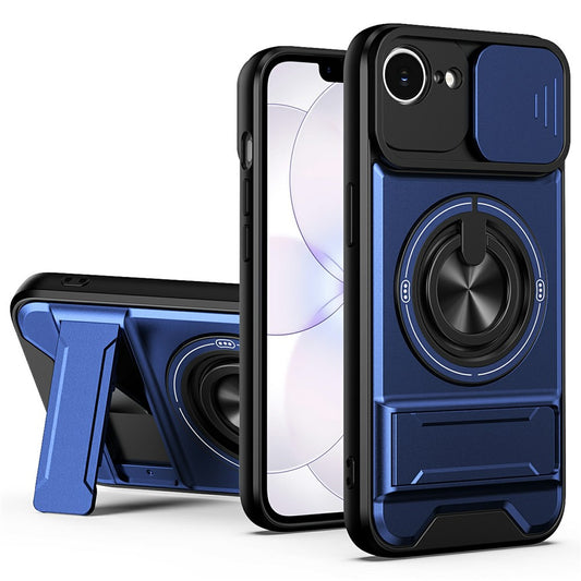For iPhone 17e / 16e Magnetic Case Ring Holder Foldable Kickstand TPU PC Phone Cover with Camera Lens Slider