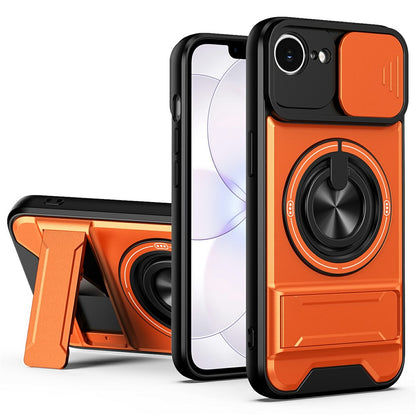For iPhone 17e / 16e Magnetic Case Ring Holder Foldable Kickstand TPU PC Phone Cover with Camera Lens Slider