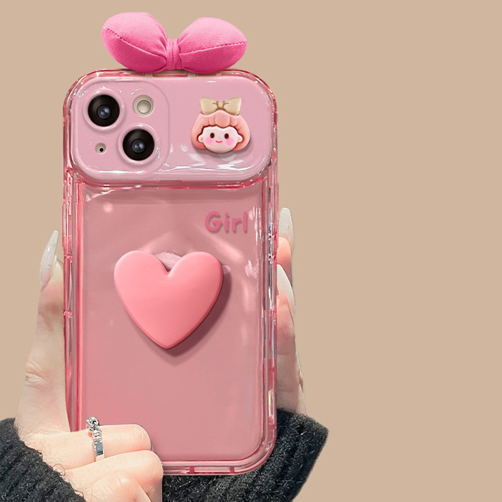 For iPhone 14 Case with Flip Mirror 3D Heart Butterfly Bow Cartoon TPU + PC Protective Cover