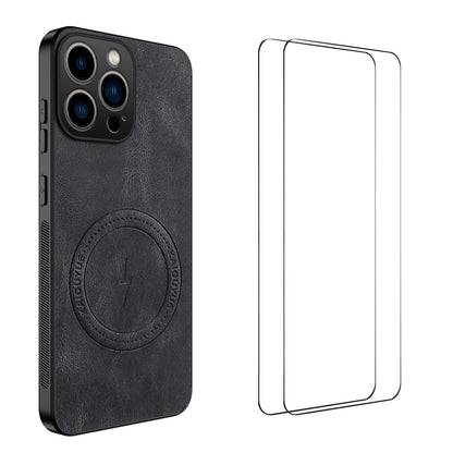 WANLONFENG for iPhone 15 Pro SD Series Magnetic Case Nappa Texture PC TPU Phone Cover with 2Pcs Screen Film