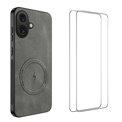 WANLONFENG for iPhone 16 SD Series Magnetic Case Nappa Texture PC TPU Phone Cover with 2Pcs Screen Film