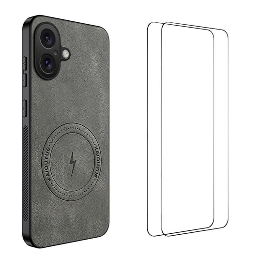 WANLONFENG for iPhone 16 SD Series Magnetic Case Nappa Texture PC TPU Phone Cover with 2Pcs Screen Film