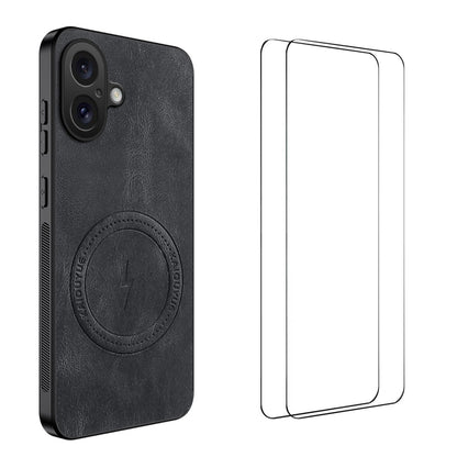WANLONFENG for iPhone 16 SD Series Magnetic Case Nappa Texture PC TPU Phone Cover with 2Pcs Screen Film