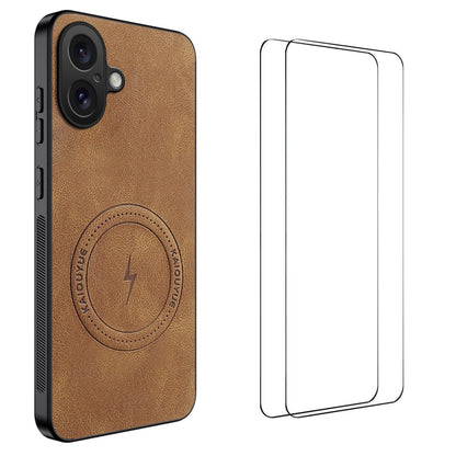 WANLONFENG for iPhone 16 SD Series Magnetic Case Nappa Texture PC TPU Phone Cover with 2Pcs Screen Film