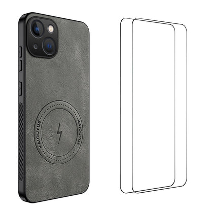 WANLONFENG for iPhone 15 SD Series Magnetic Case Nappa Texture PC TPU Phone Cover with 2Pcs Screen Film