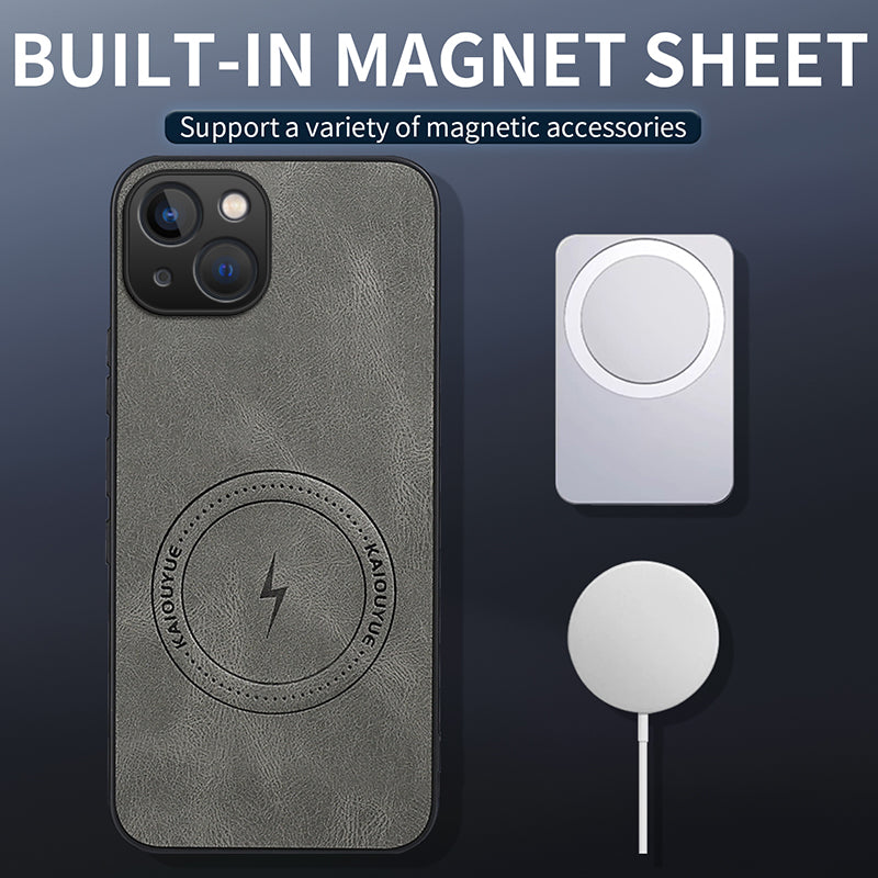 WANLONFENG for iPhone 15 SD Series Magnetic Case Nappa Texture PC TPU Phone Cover with 2Pcs Screen Film