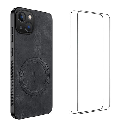 WANLONFENG for iPhone 15 SD Series Magnetic Case Nappa Texture PC TPU Phone Cover with 2Pcs Screen Film