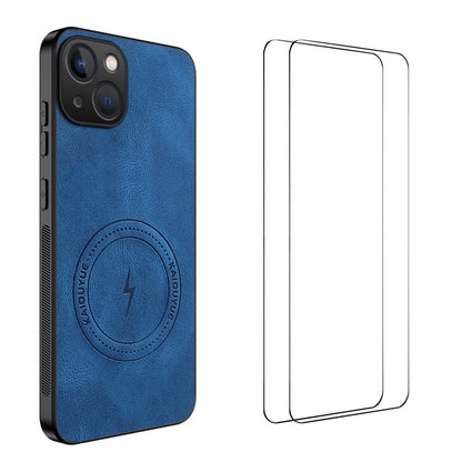 WANLONFENG for iPhone 15 SD Series Magnetic Case Nappa Texture PC TPU Phone Cover with 2Pcs Screen Film