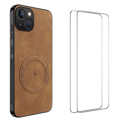 WANLONFENG for iPhone 15 SD Series Magnetic Case Nappa Texture PC TPU Phone Cover with 2Pcs Screen Film
