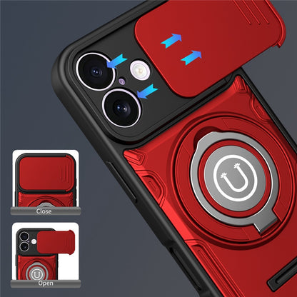 For iPhone 16 Case with Slide Camera Cover Ring Kickstand PC + TPU Phone Shell