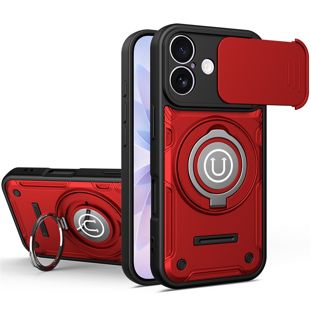 For iPhone 16 Case with Slide Camera Cover Ring Kickstand PC + TPU Phone Shell