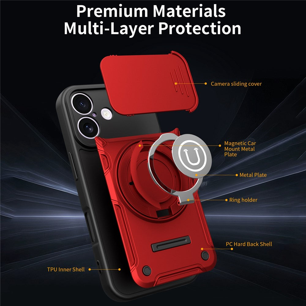 For iPhone 16 Case with Slide Camera Cover Ring Kickstand PC + TPU Phone Shell