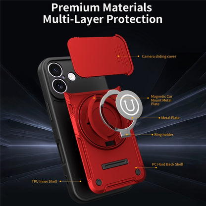 For iPhone 16 Case with Slide Camera Cover Ring Kickstand PC + TPU Phone Shell