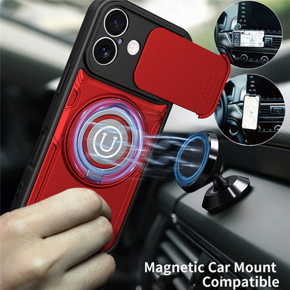 For iPhone 16 Case with Slide Camera Cover Ring Kickstand PC + TPU Phone Shell