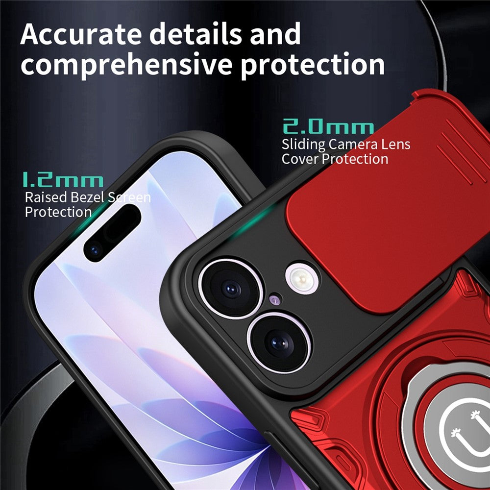 For iPhone 16 Case with Slide Camera Cover Ring Kickstand PC + TPU Phone Shell