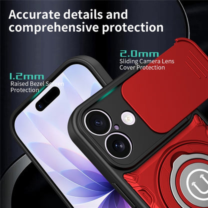 For iPhone 16 Case with Slide Camera Cover Ring Kickstand PC + TPU Phone Shell