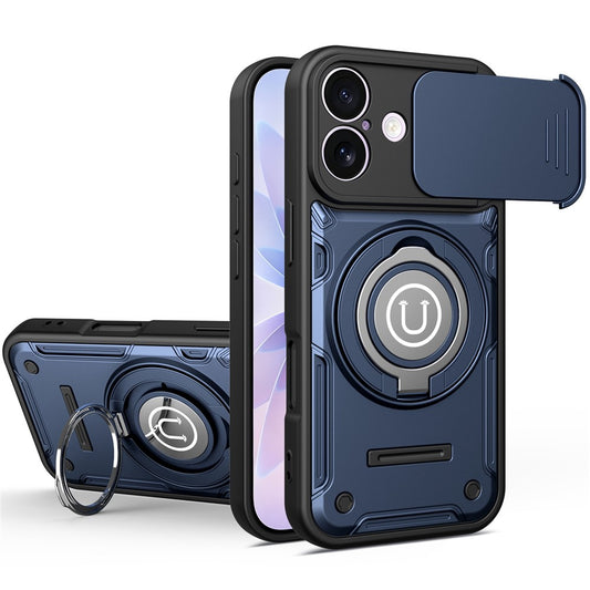 For iPhone 16 Case with Slide Camera Cover Ring Kickstand PC + TPU Phone Shell