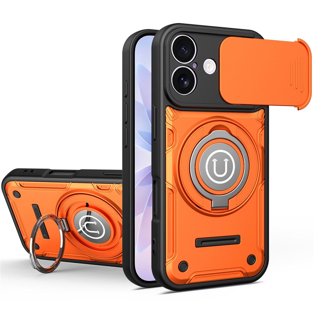 For iPhone 16 Case with Slide Camera Cover Ring Kickstand PC + TPU Phone Shell