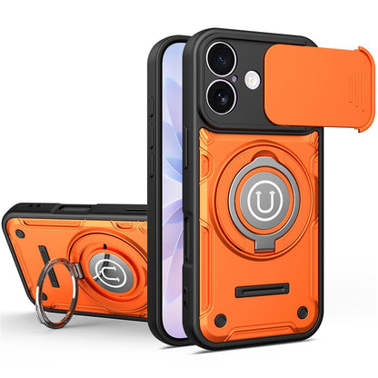For iPhone 16 Case with Slide Camera Cover Ring Kickstand PC + TPU Phone Shell